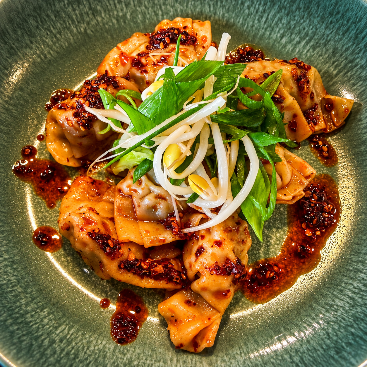 Steamed chicken dumplings with chili crisp and scallions