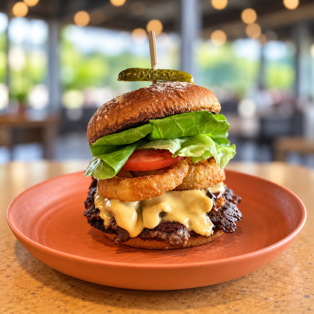 Hibiscus Café smash burger with onion rings